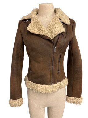 HM Womens Shearling-Trimmed Brown Moto Jacket Size 4